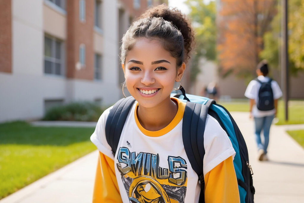 High school student with a backpack on her shoulders smiles
