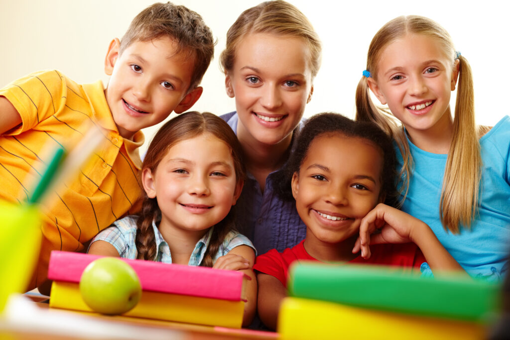 Elementary teacher working with a group of students