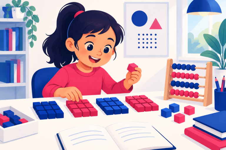 Elementary student arranging counting blocks into equal groups with an abacus, flat illustration in navy and pink