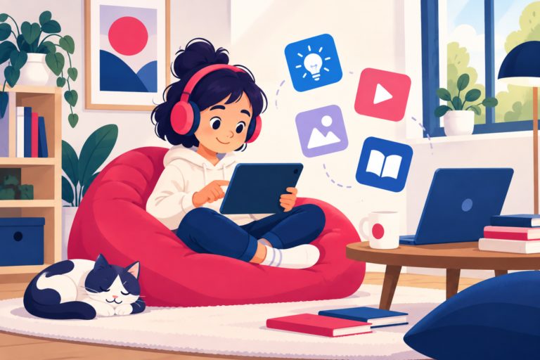 Student with headphones using a tablet on a bean bag with floating app icons, flat illustration in navy and pink