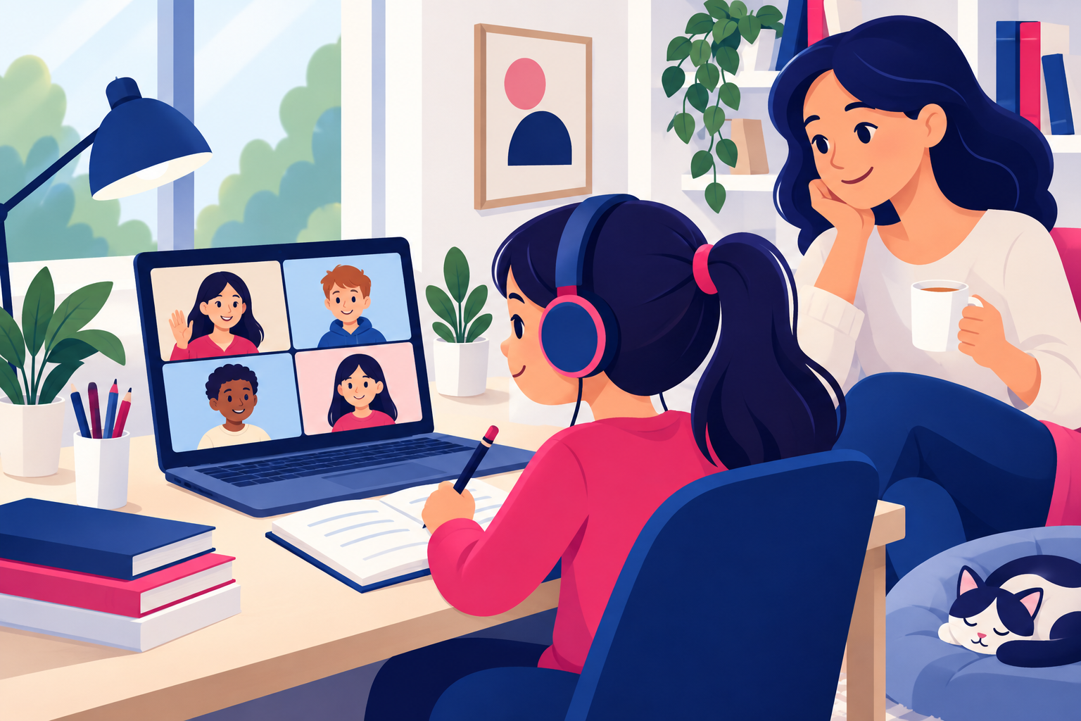 Student with headphones attending an online video class on a laptop while a parent watches, flat illustration in navy and pink