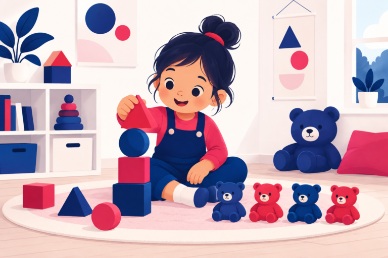 Young child playing with geometric shape blocks and small teddy bears, flat illustration in navy and pink