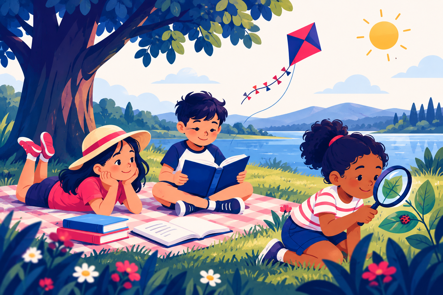 Children reading and exploring nature outdoors on a summer day, flat illustration in navy and pink