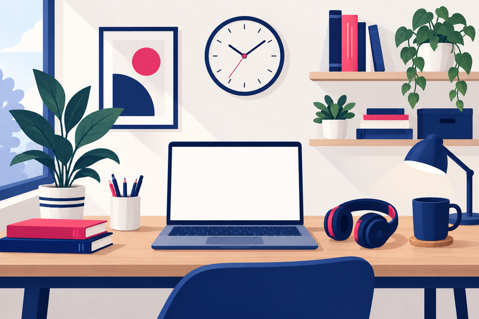 Tidy online learning desk setup with laptop, headphones, clock and plants, flat illustration in navy and pink