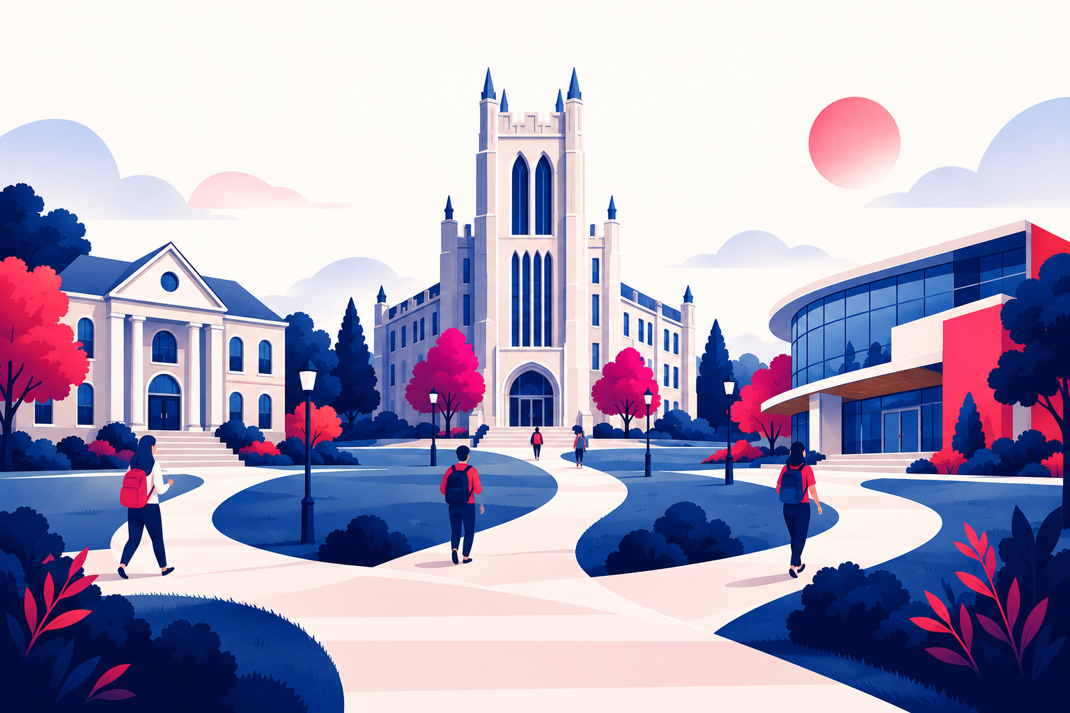 Three different college campus buildings connected by a path, flat illustration in navy and pink