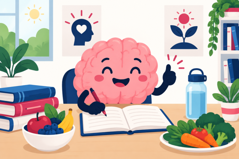 Smiling brain character at a study desk with healthy food and water, flat illustration in navy and pink
