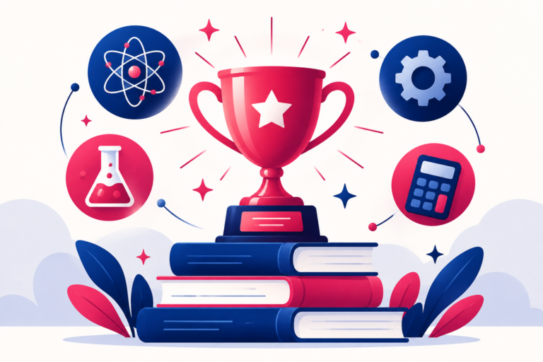 Glowing trophy surrounded by science icons, flat illustration in navy and pink