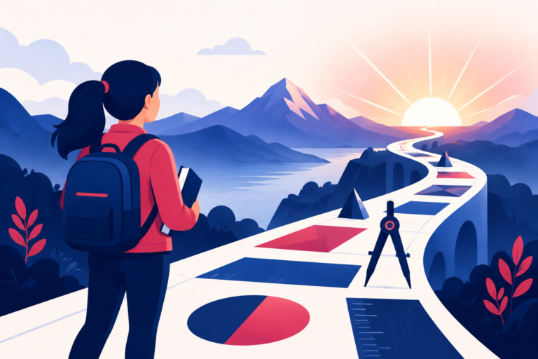 Student overlooking a path of geometric shapes leading to a sunrise, flat illustration in navy and pink