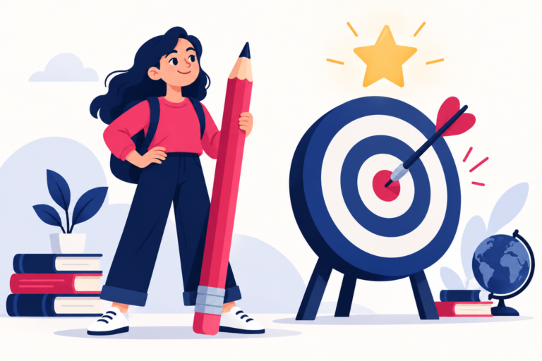 Student holding a giant pencil beside an archery target with a bullseye dart, flat illustration in navy and pink