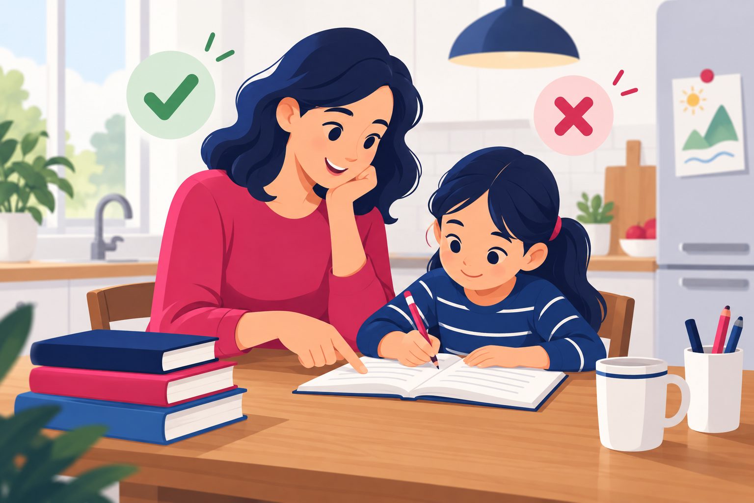 Parent guiding a child with homework at a kitchen table, flat illustration in navy and pink
