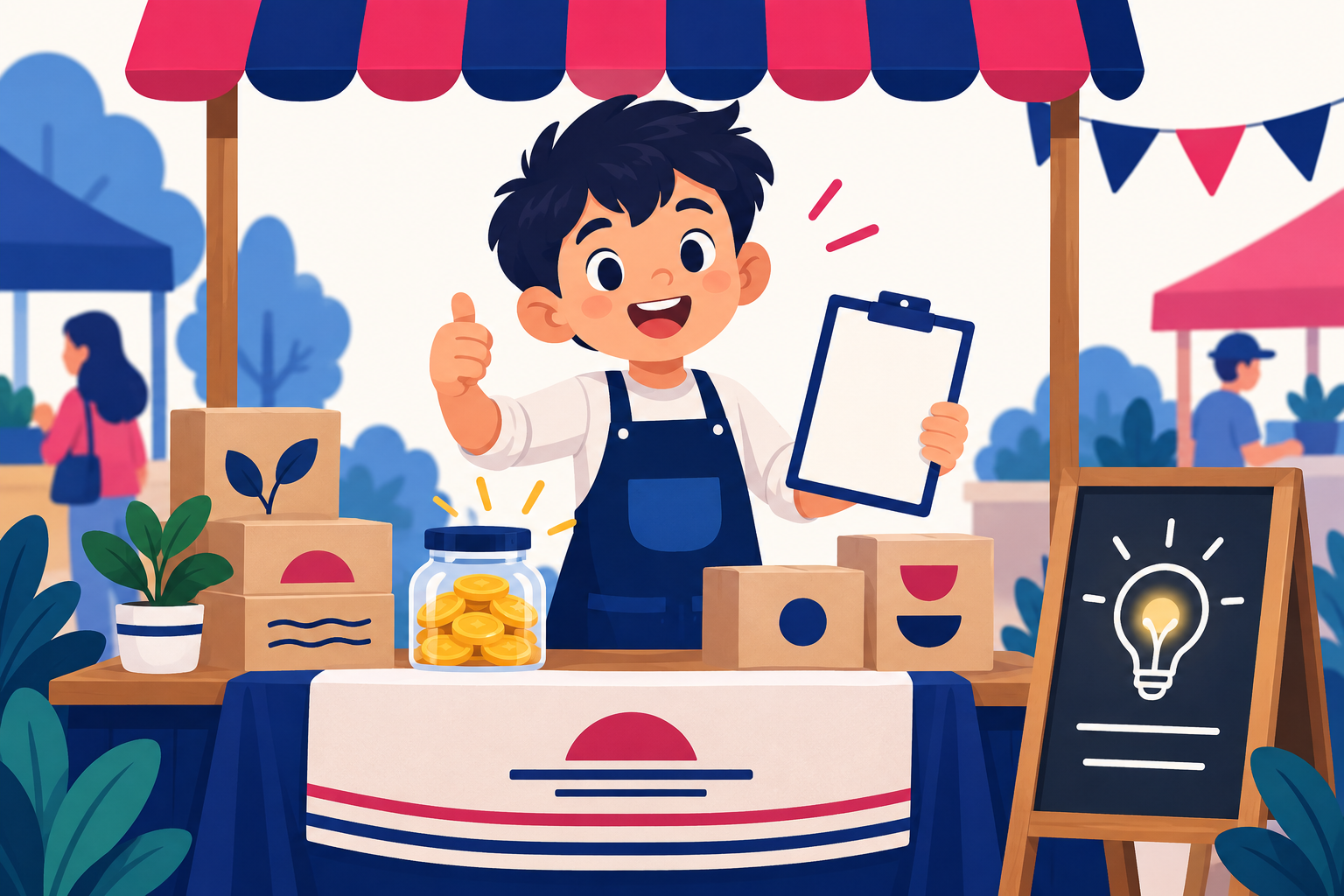 Young entrepreneur at a market stand with a lightbulb sign, flat illustration in navy and pink