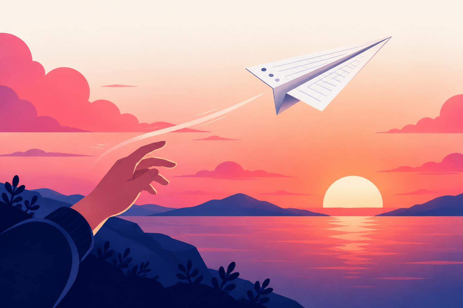 Paper airplane folded from a blank exam sheet flying into a sunset, flat illustration in navy and pink