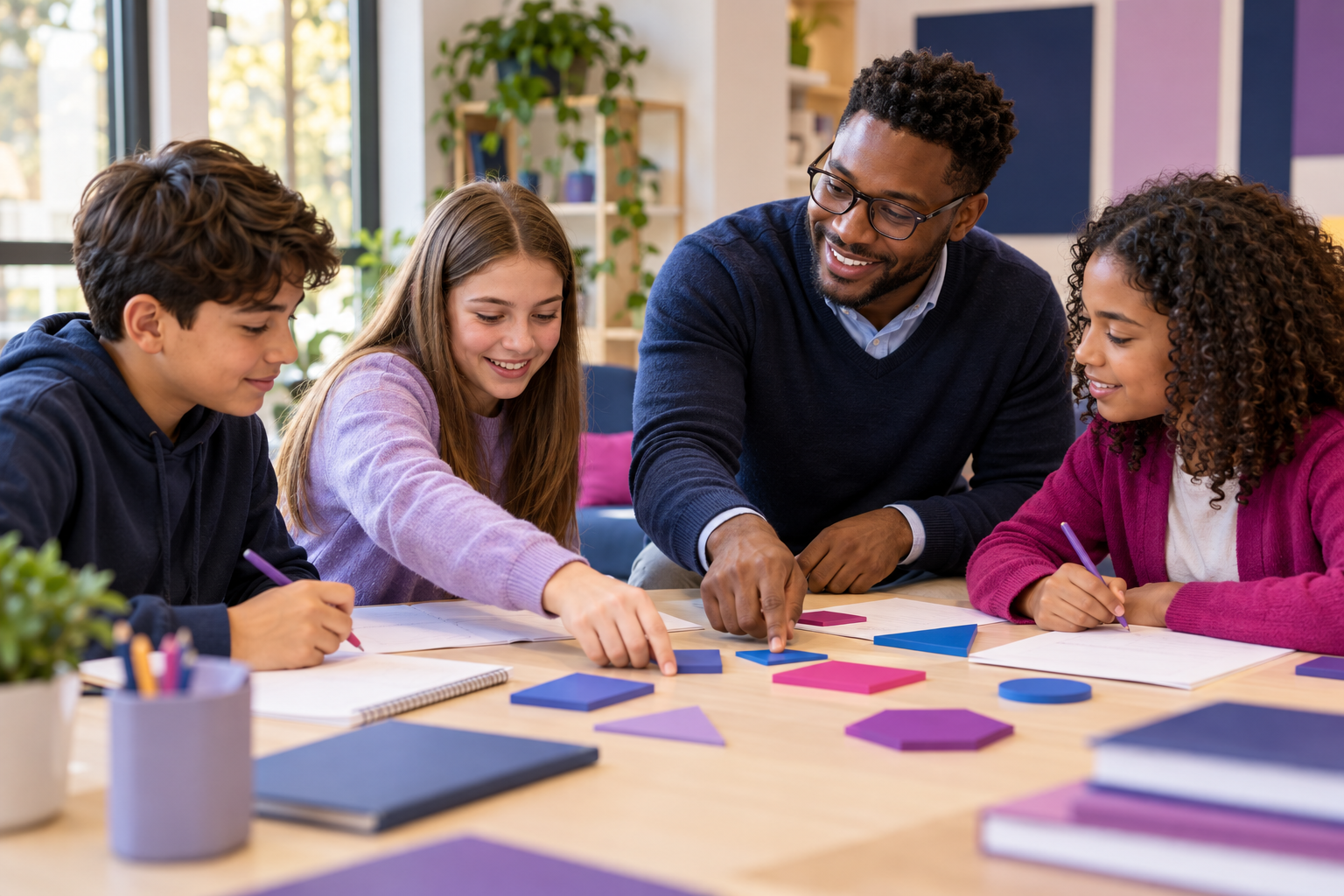 An educator guides a small group of students through a hands-on learning activity