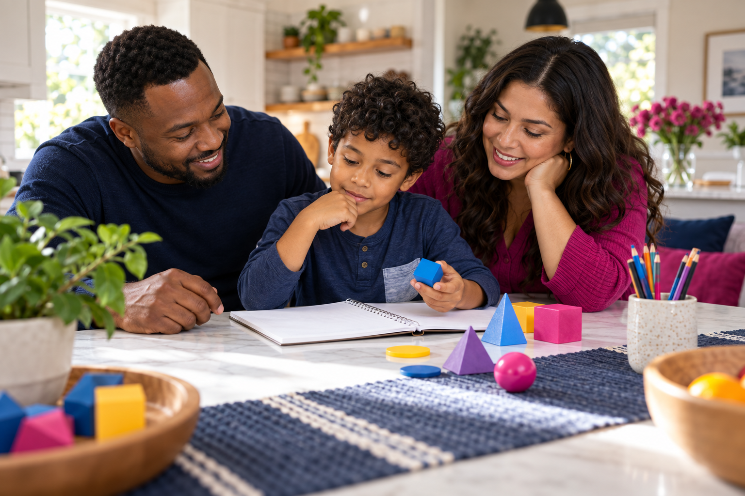 Parents support a child during a math activity at home