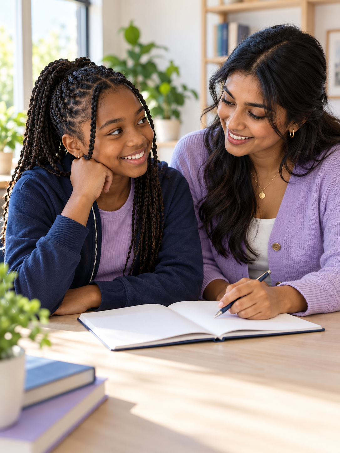 A student and tutor discuss a learning plan at a table