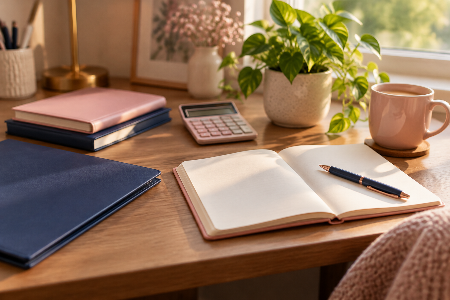 A tidy desk with navy and pink notebooks, a calculator and a pen on an open notebook, ready to plan a FAFSA application