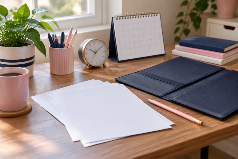Blank application papers, a navy portfolio, notebook and calendar on a desk ready for first-job preparation