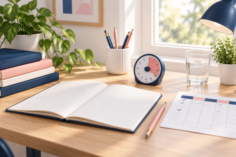 A tidy home study desk with an open notebook, planner checklist, timer and pencils in warm daylight