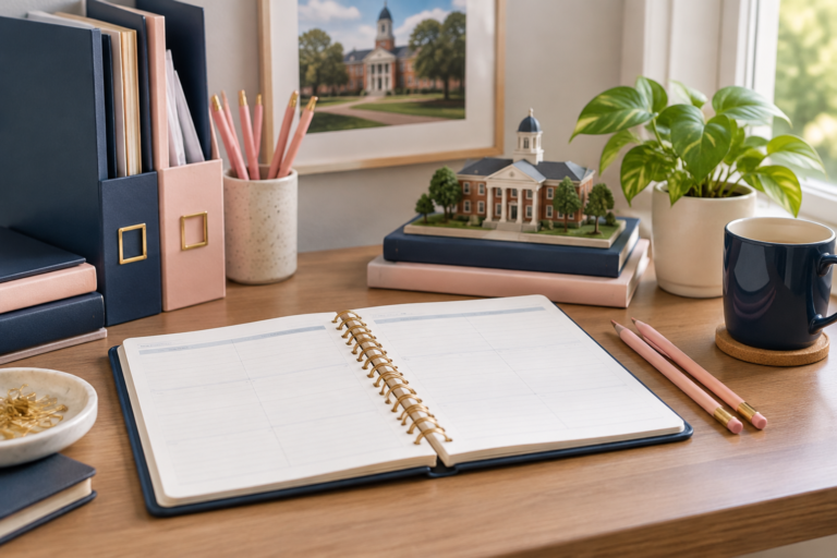 A junior-year planning desk with an open planner, folders, pencils and a miniature college building in warm daylight