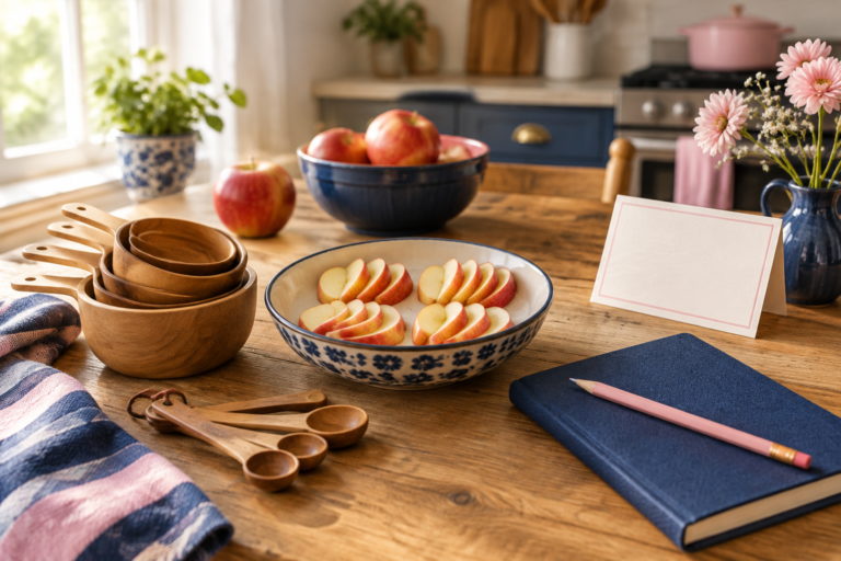 A kitchen table with measuring cups, apple slices arranged in counting groups, and a navy notebook with a pink pencil in warm window light