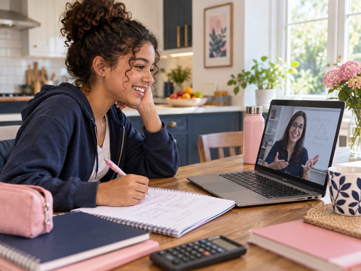 Student learning with an online tutor at home