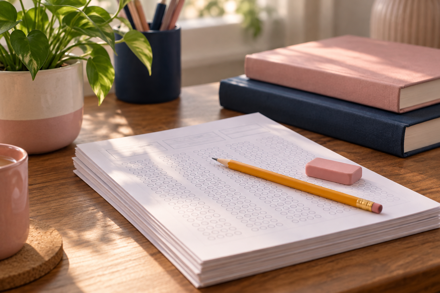Blank answer sheets with a pencil and pink eraser beside stacked navy and pink books on a desk