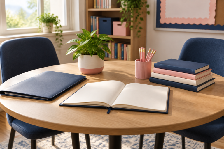 An open notebook, folder and school books on a meeting table with two empty chairs, ready for a parent-teacher conversation