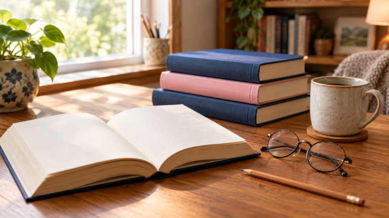 Open book, stacked books, pencil, reading glasses and a mug on a warm study desk