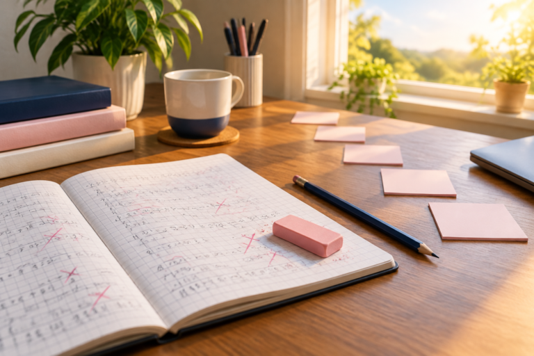 A notebook with corrected practice work, an eraser and blank sticky notes leading toward a sunny window