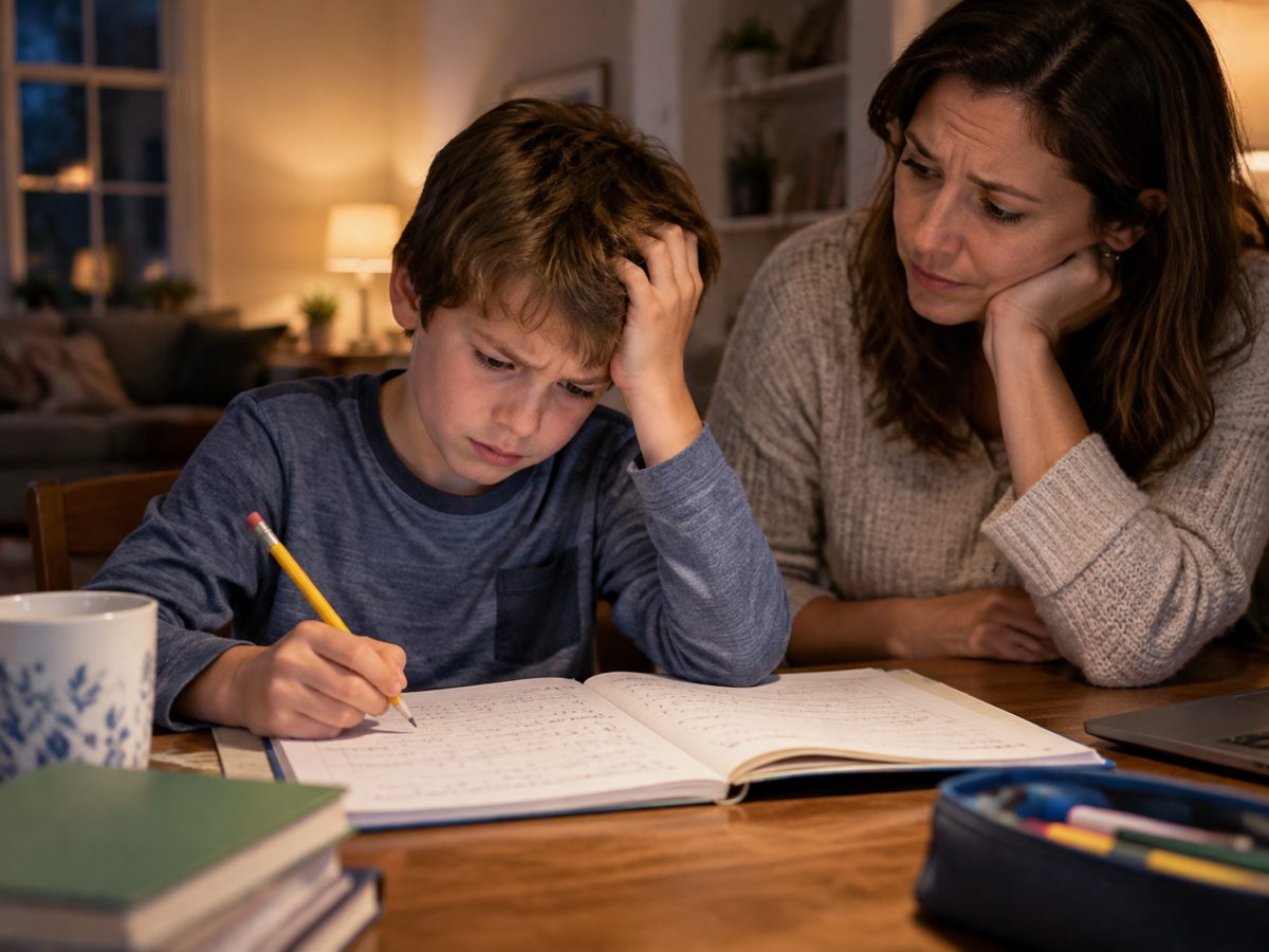 Child struggling with homework while a parent watches