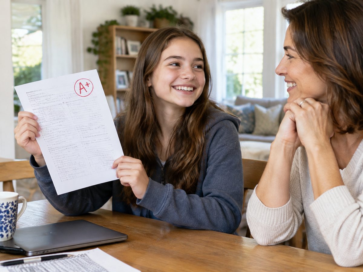 Student proudly showing a graded test to a parent