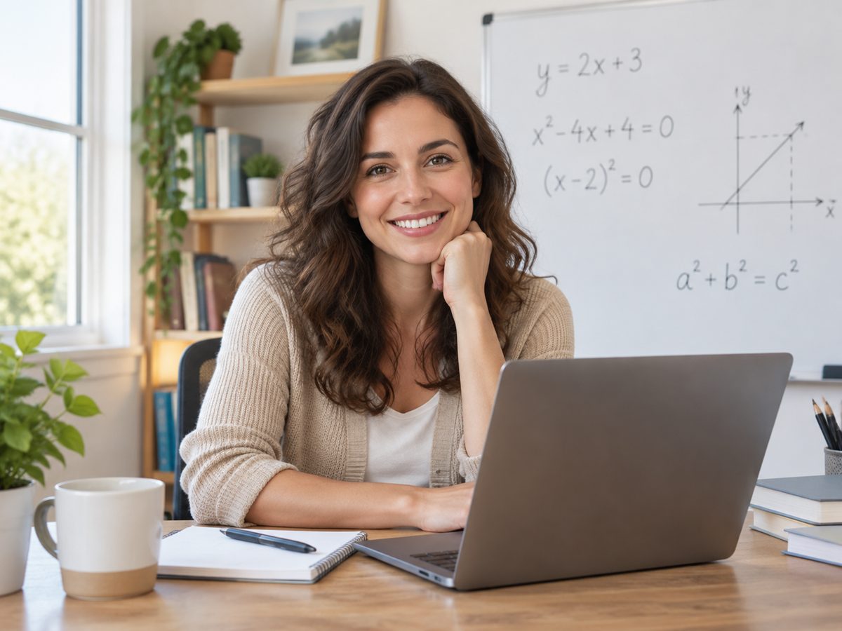 Friendly tutor at a laptop